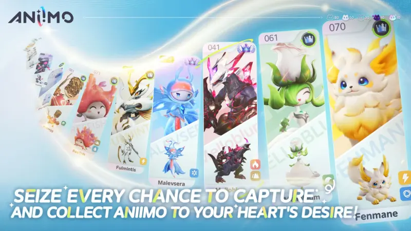 Official Aniimo collection artwork displaying several creature index cards and a yellow Fenmane