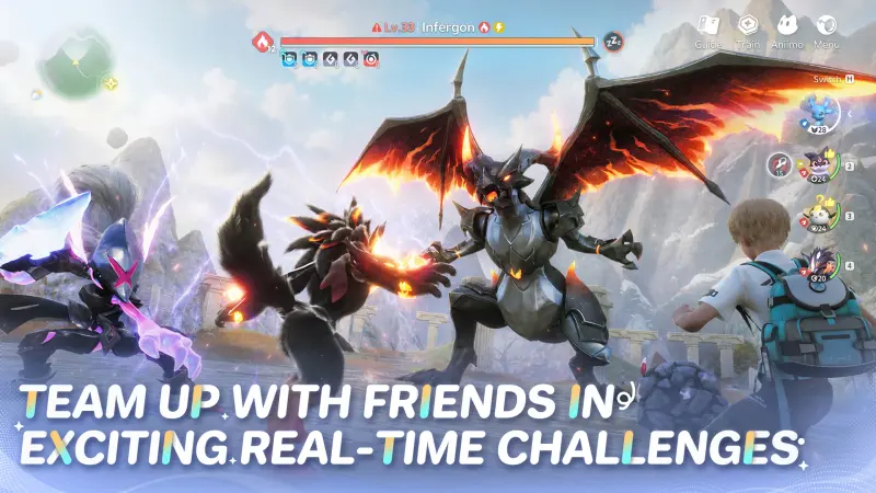 An Aniimo real-time battle with a large winged fire creature and several combatants in the foreground