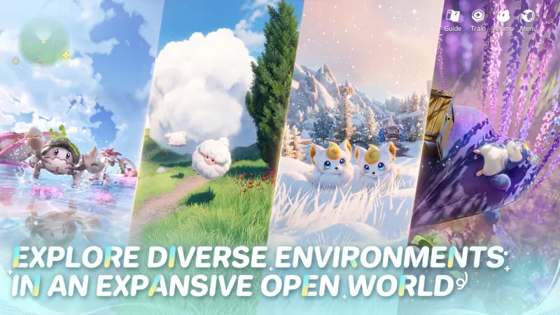 Official Aniimo montage showing creatures in grassy, snowy, and purple woodland environments
