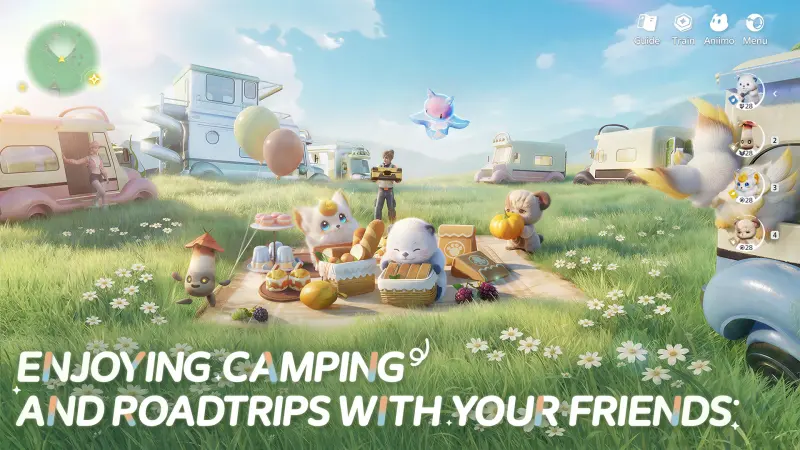 Aniimo companions picnicking on grass among parked recreational vehicles at a sunny campsite