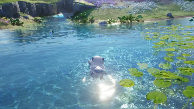 A small Aniimo swimming through a sunlit pond surrounded by lily pads and rocky banks