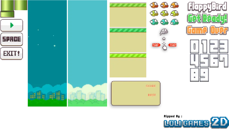 Flappy Bird character navigating between green pipe obstacles in mid-air