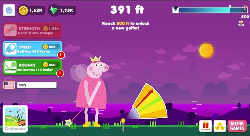 Golf Hit gameplay screen showing the swing power meter, shot distance progress, and upgrade menu for strength, speed, and bounce
