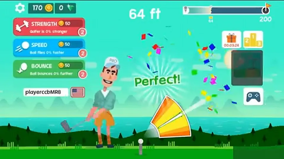 Golf Hit swing timing showing a Perfect launch alignment with the moving power indicator