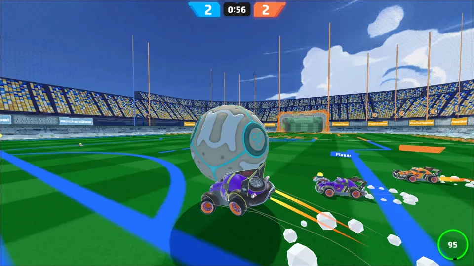 Rocket Goal match in progress with a rocket car carrying the giant ball toward the opposing net