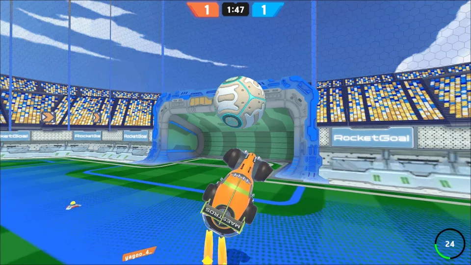 Rocket car performing an aerial jump and boost shot toward the goal in Rocket Goal