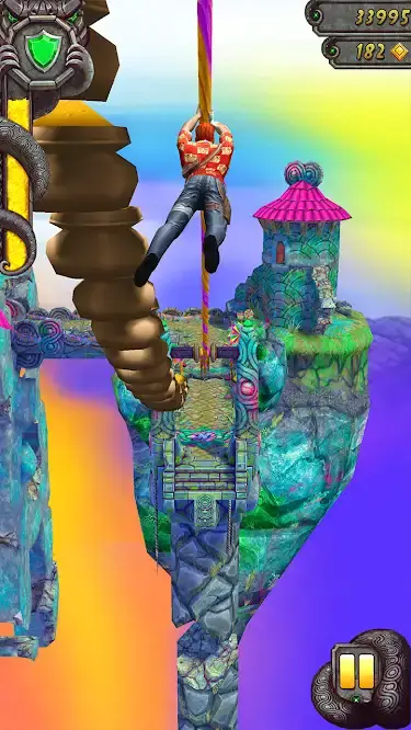 Temple Run 2 runner descending a zip line above a colorful mountain landscape
