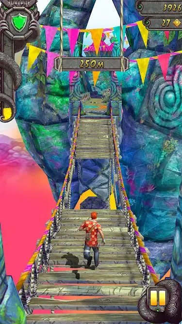 Temple Run 2 runner crossing a suspended bridge between decorated stone towers